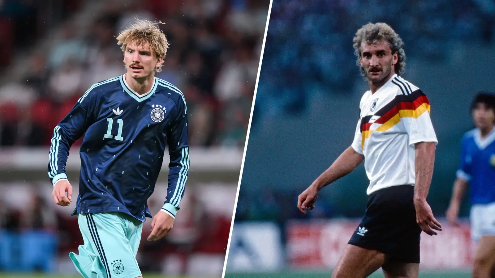 Mit etwas Fantasie kann man durchaus eine Ähnlichkeit zwischen Nick Woltemade von heute (l.) und Rudi Völler von vor 36 Jahren (r.) sehen.© IMAGO/Ulmer/Teamfoto/IMAGO/United Archives Sven Simon Archive