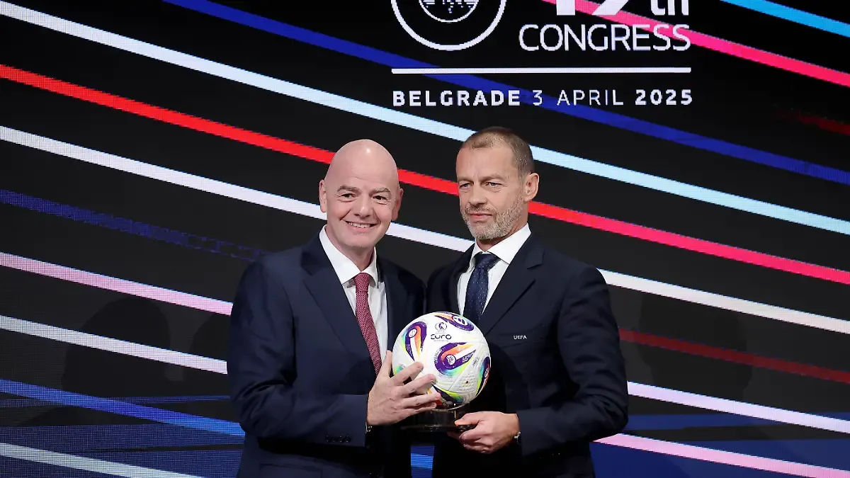 250403-BELGRADE-April-3-2025-Xinhua-FIFA-President-Gianni-Infantino-L-and-UEFA-president-Aleksander-Ceferin-pose-for-photos-during-the-49th-UEFA-ordinary-Congress-at-the-Sava-Center-in-Belgrade-Serbia-April-3-2025